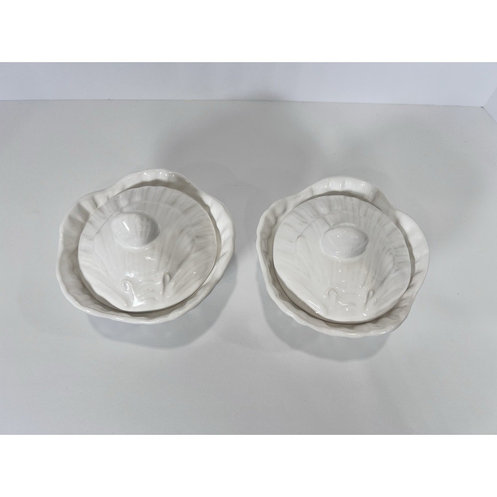 VTG OLFAIRE Portugal White Ceramic Shell Lidded Bowls Set Of 2- Coastal Cottage - Picture 3 of 15